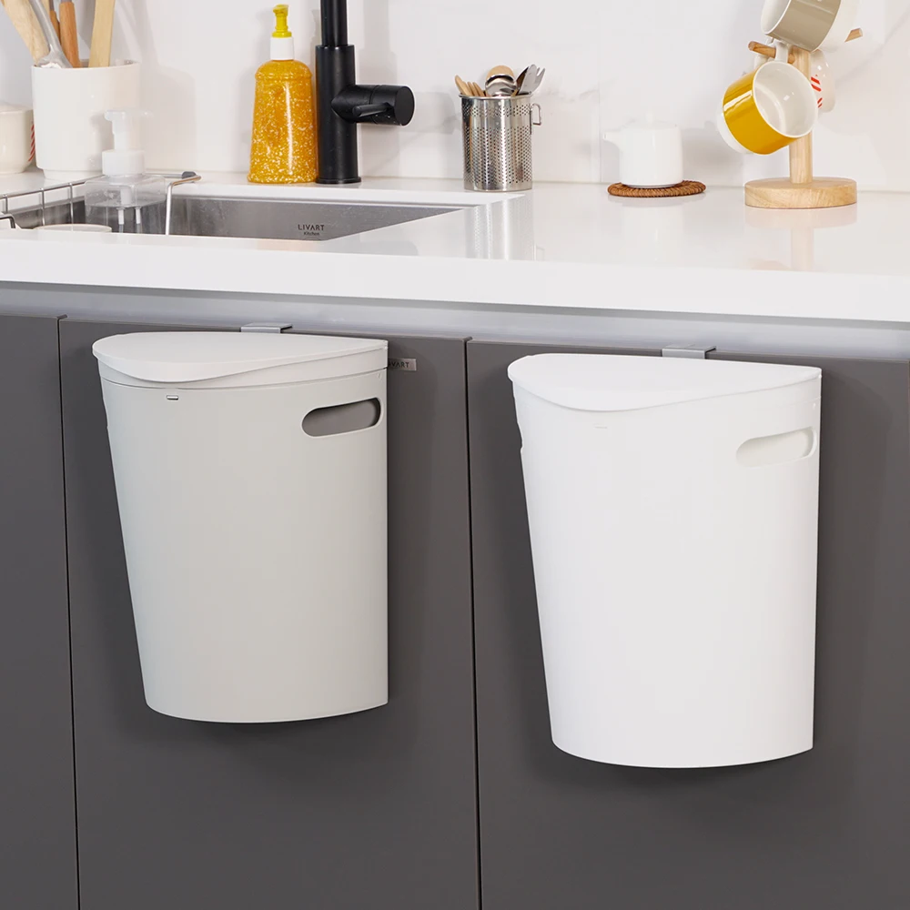 Dual hanging trash cans 2sets wall mounted connectable each other half and half circular waste bin container with lid for bathroom kitchen under sink and home