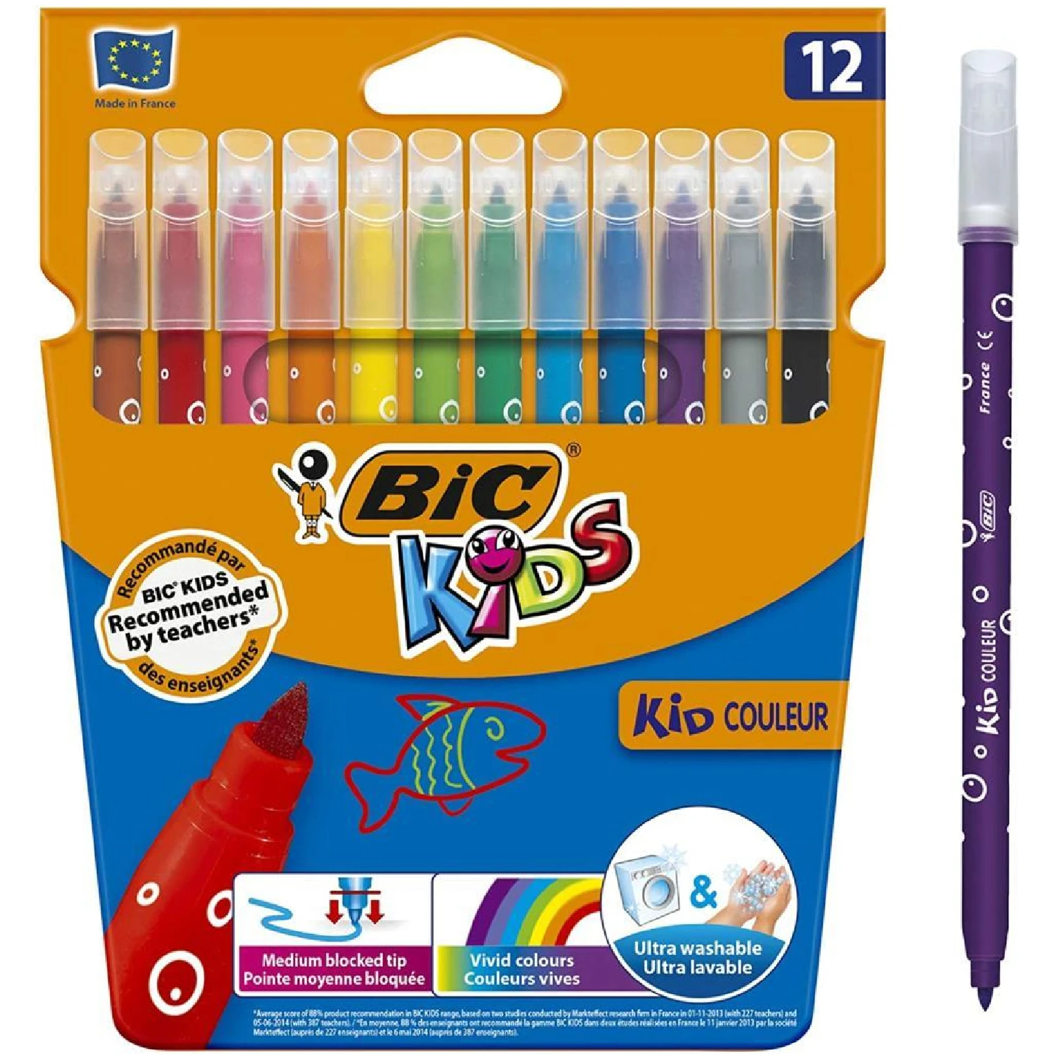 BIC Kids Kid Couleur Felt Tip Colouring Pens - Assorted Colours, Cardboard Wallet of 12