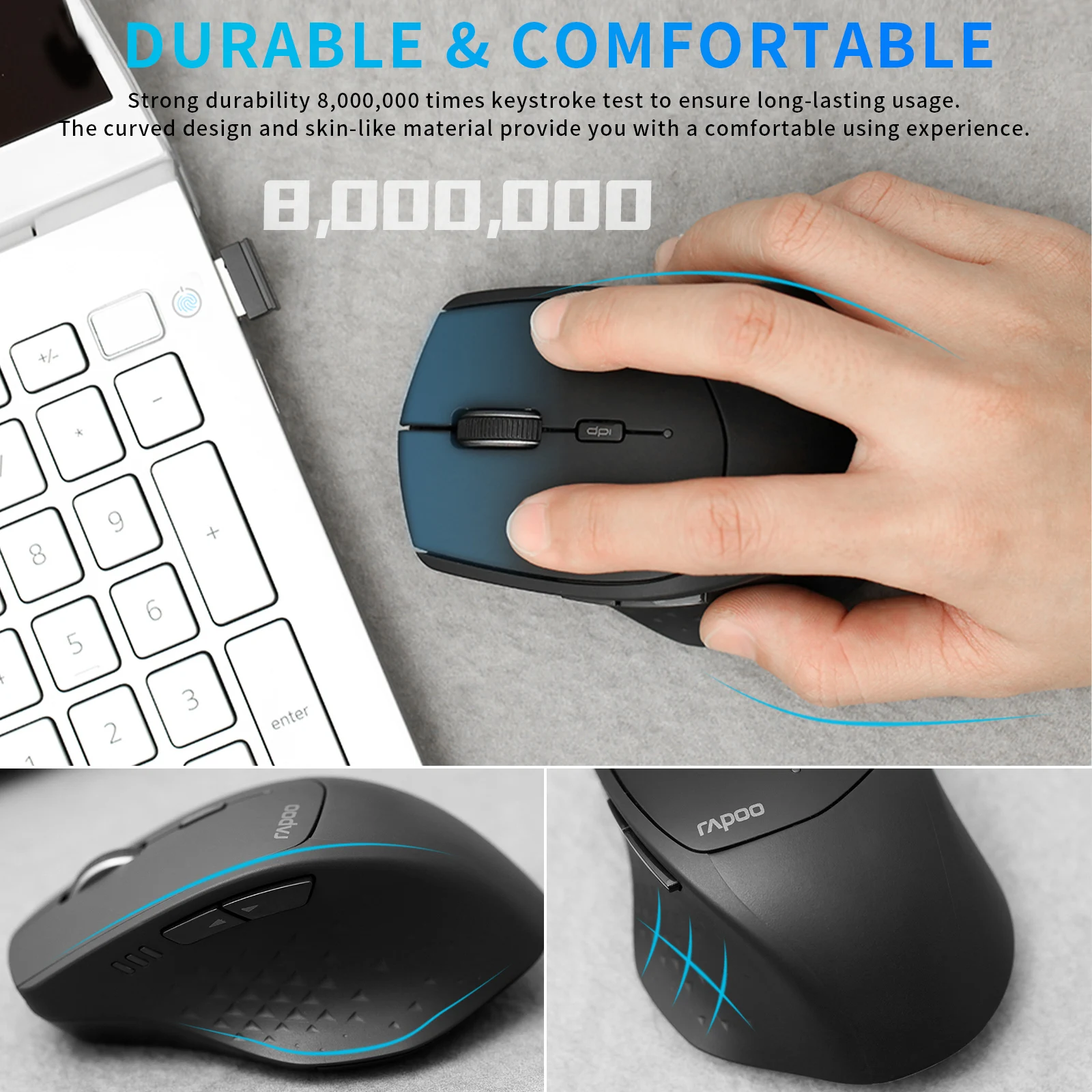 Rapoo MT550 Multi-Mode Wireless Mouse Ergonomic Buetooth Mouse 1600 DPI Optical Mice for Computer PC Laptop Support 4 Devices