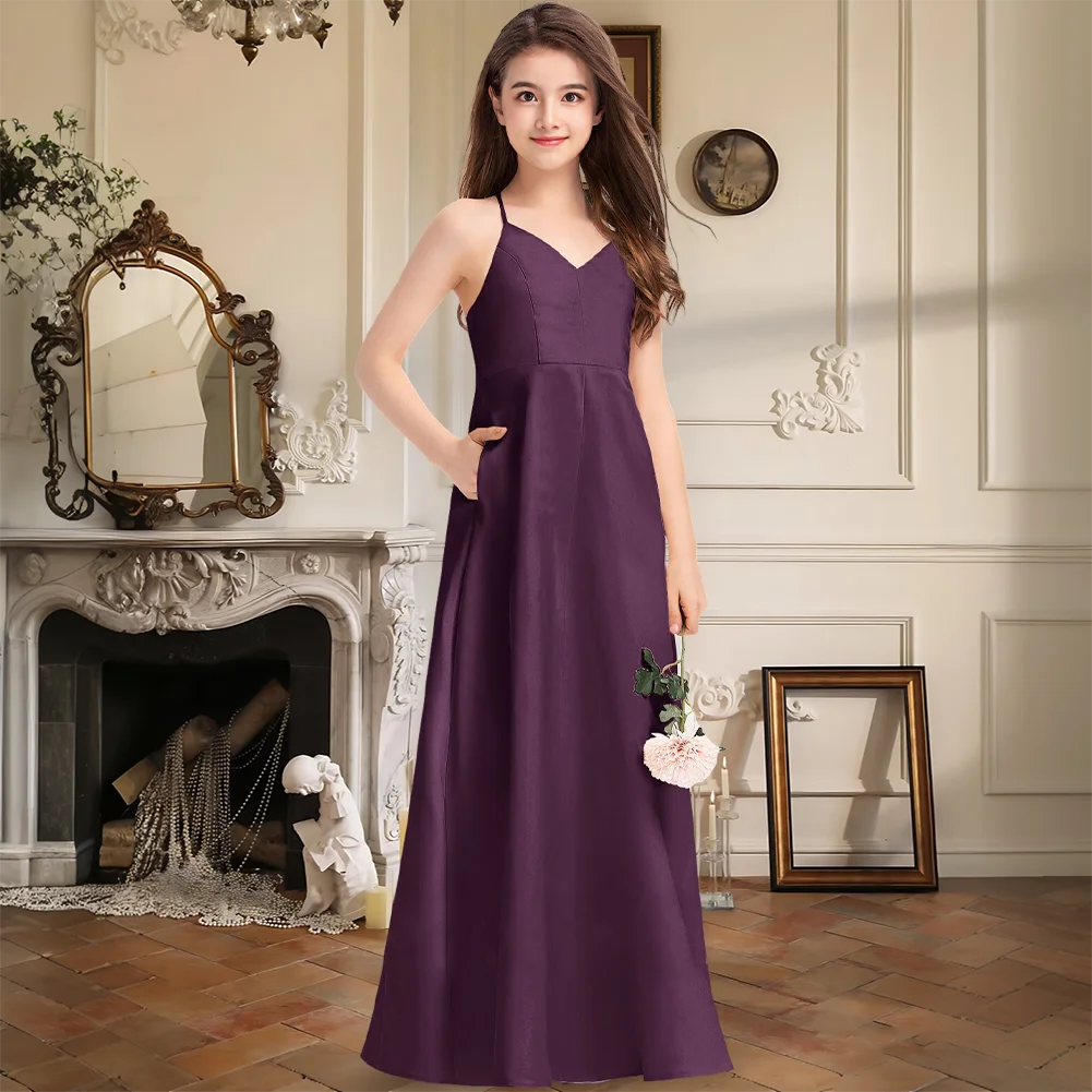 

Luxury Satin V-Neck Junior Bridesmaid Dress Floor-Length A-Line With Crisscross Straps Pockets Flower Girl Dress Girls Formal