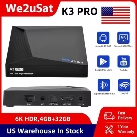 We2uSat K3 Pro 6K HDR Android Q (10.0) TV Box H.264/H.265 10bit Build in WiFi-6 2.4GHz/5GHz+BT 5.0,4GB+32GB STB Suit for the US