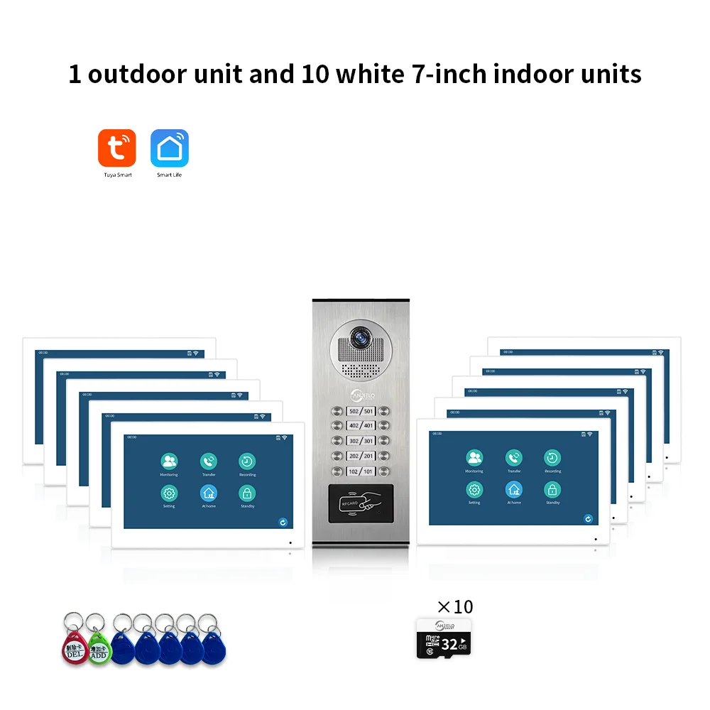ANJIELO 7-inch 2/3/4/6/8/10/12-unit multi-unit deurbel video-intercomsysteem 1080P display Tuya slimme videodeurbel