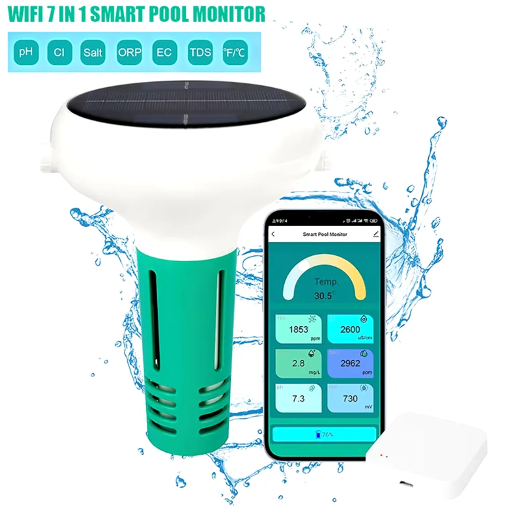 WiFi Zigbee Tuya Chlorine Meter PH/ORP/EC/TDS/Salinity/Temp/CL Pool Salt test Solar Charge Water ppm Monitor for Outdoor Pool