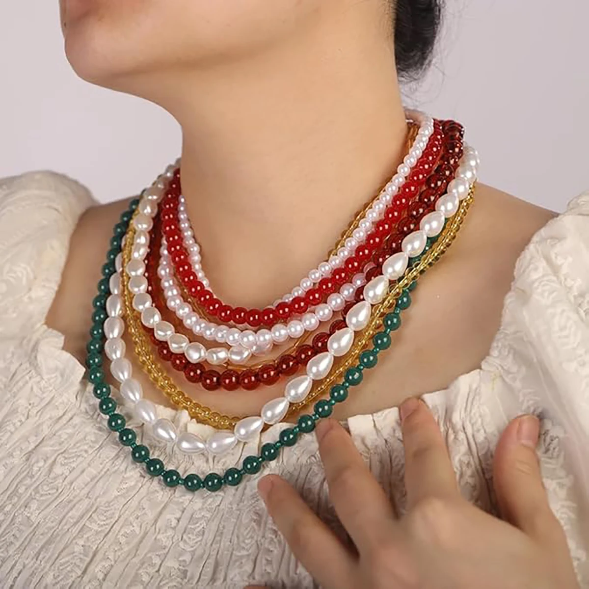 

Girlgo ZAA Multi-Layered Beaded Pearl Choker Necklace Flapper Beads Cluster Long Choker Necklace Multi-Strand Statement Necklace