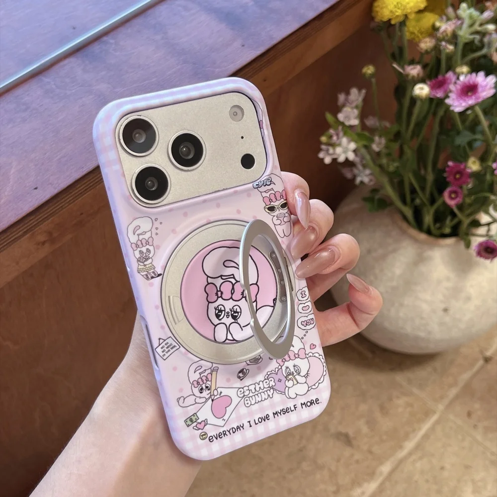 New Korean Ins Cute Cartoon Rabbit Pink Phone Case for iPhone 15 16 17 Pro Max 15 Pro with Magsafe Holder Kawaii Anti Drop Cover