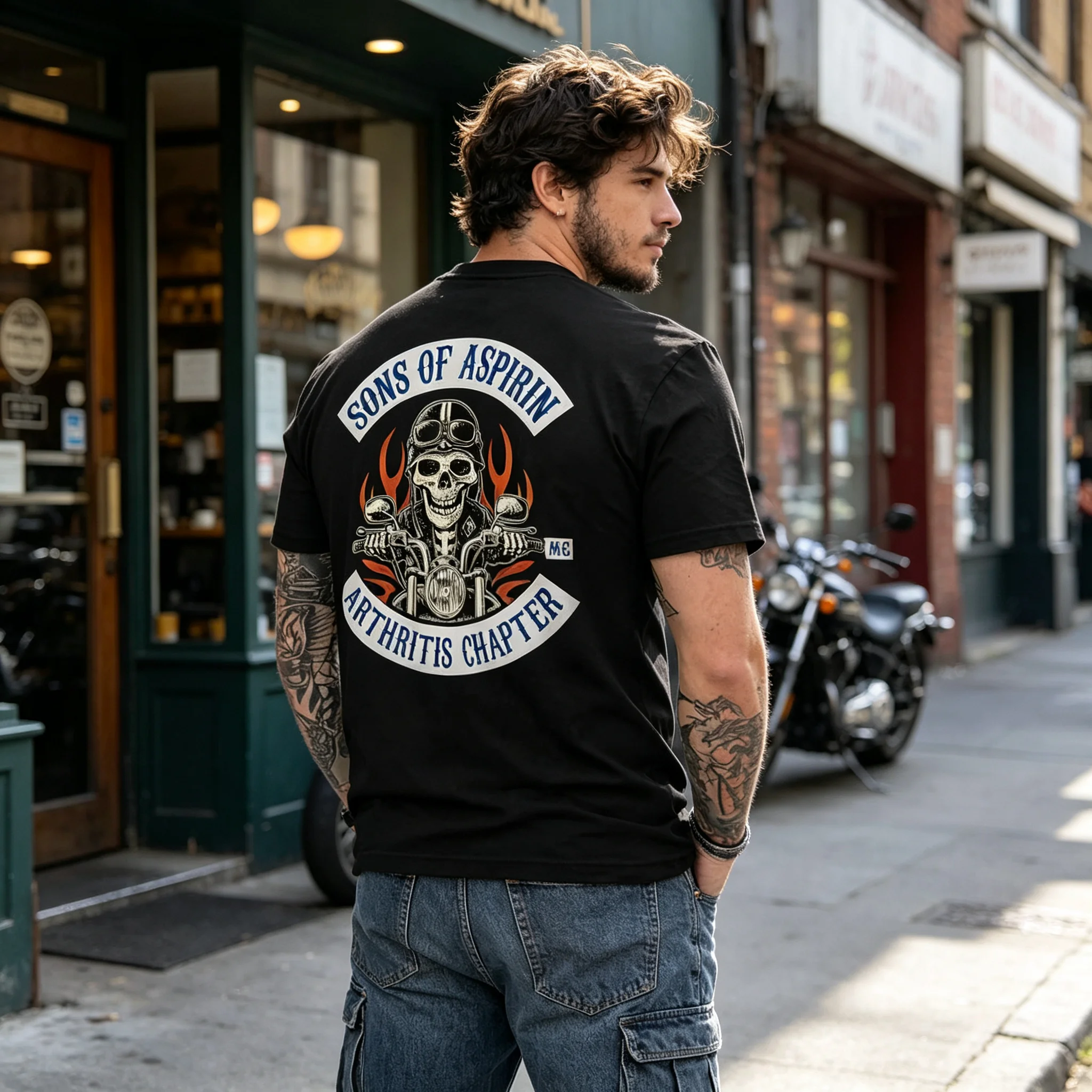 Sons of Aspirin Arthritis Chapter Biker T‑Shirt, Funny Skeleton Motorcycle Rider Graphic Tee, Vintage Back Print Short Sleeve T‑Shirt for Men Biker Gift