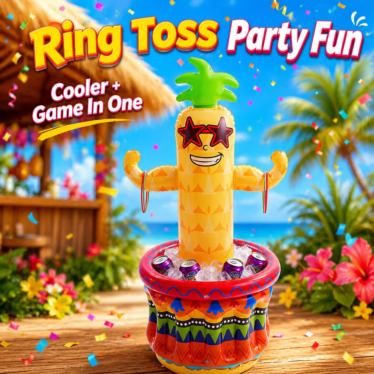 

1PC Inflatable Pineapple Cooler Ring Toss Game, Inflatable Pool Bar,Pool Party Ice Bucket Tropical Summer Beach Party