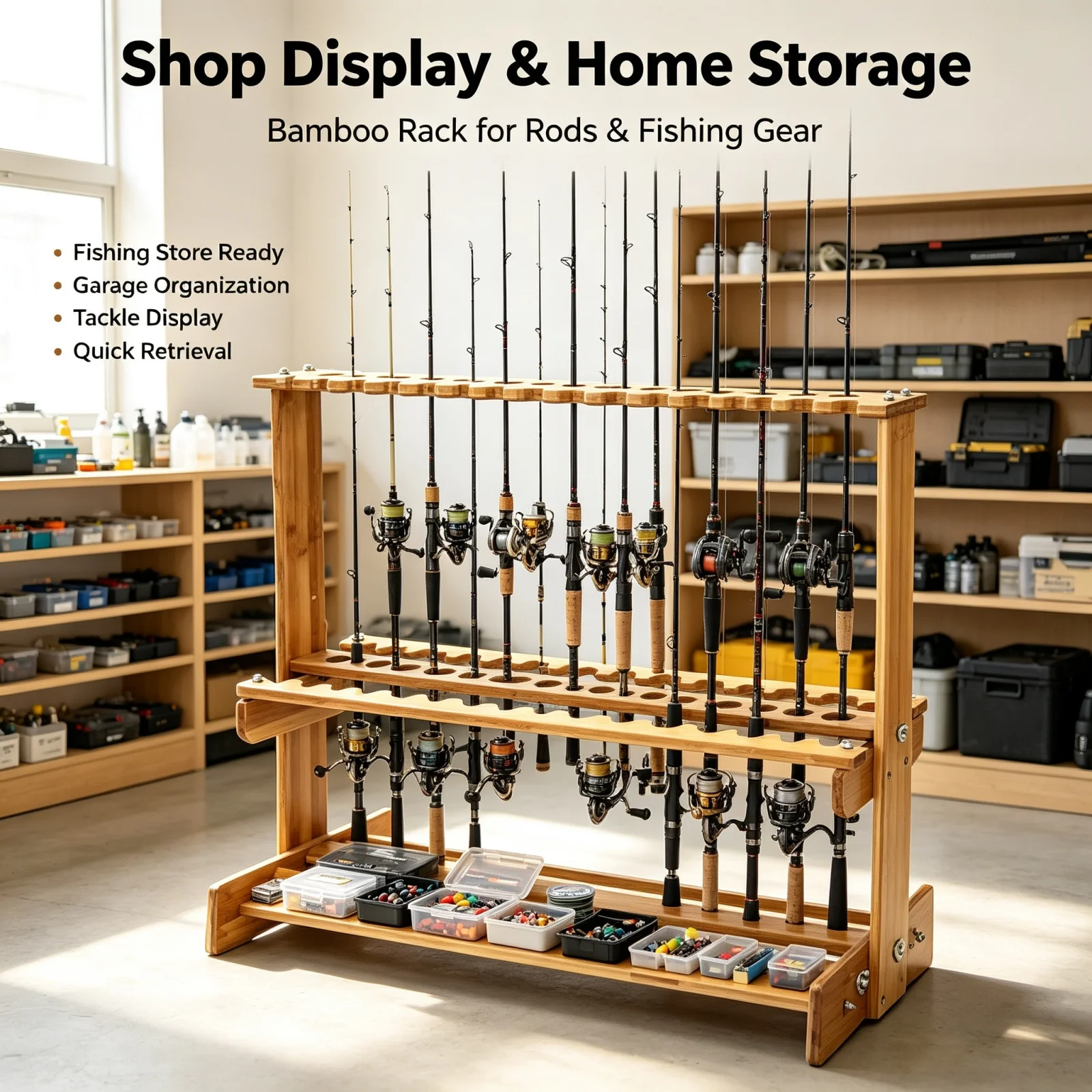 Fishing Rod Rack - Vertical Bamboo Fishing Rod Display Stand