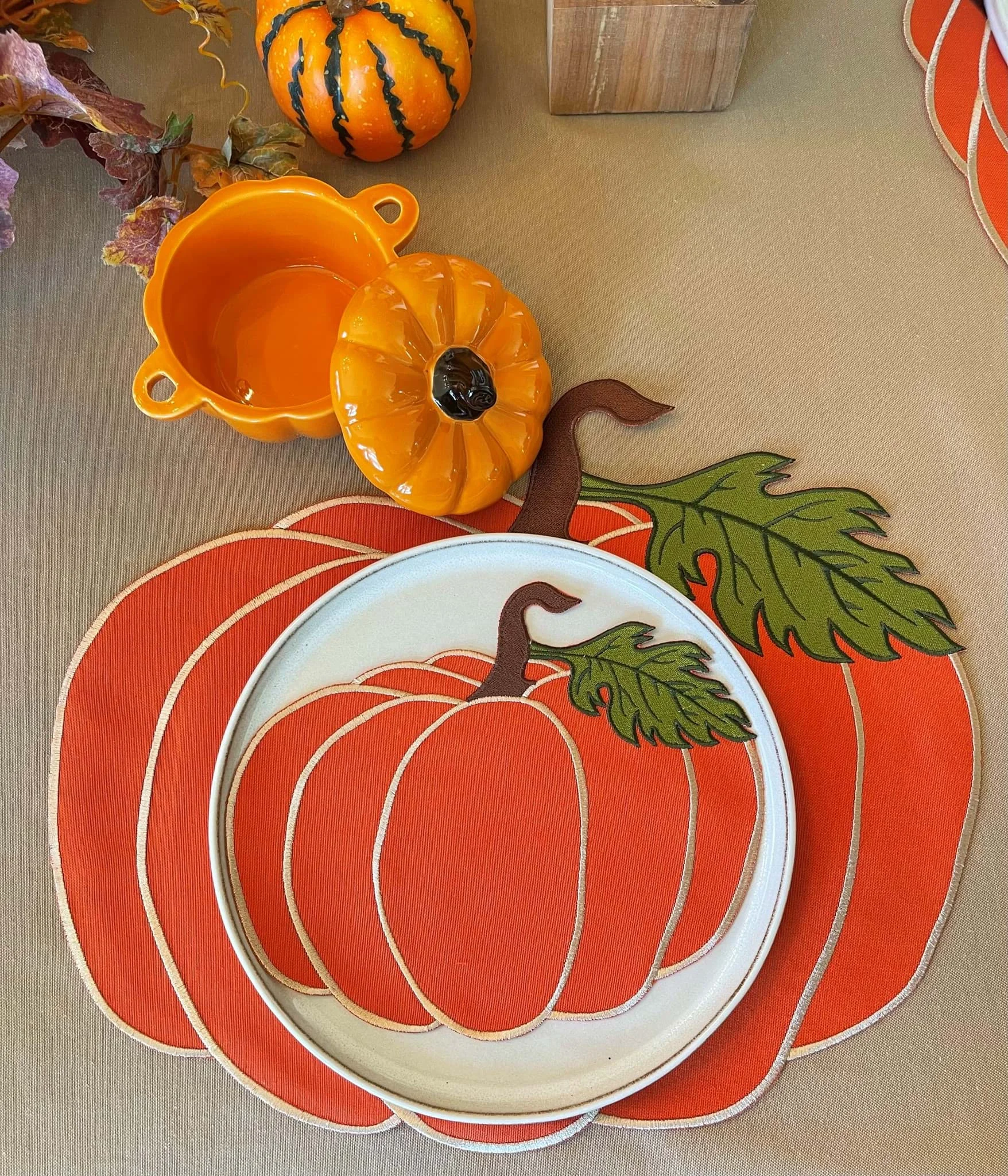 

Set of 6 Pumpkin Cotton Placemat Napkin Set - Embroidered Mats, Hollow Design for Thanksgiving, Halloween Decor | Dining Party