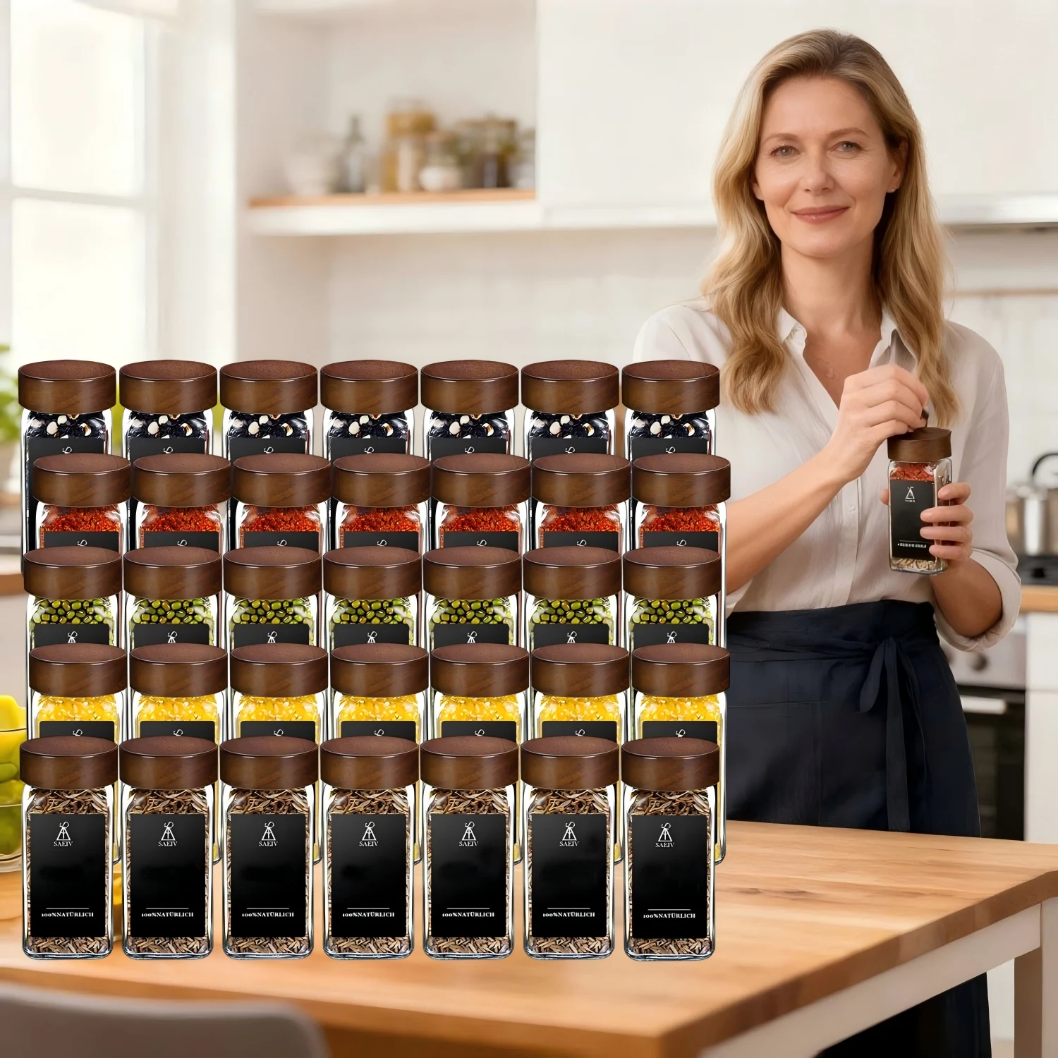 SAEIV 35 pots à épices avec couvercle en palissandre, décantreurs carrés en verre de 120 ml avec étiquettes imperméables, rangement de cuisine