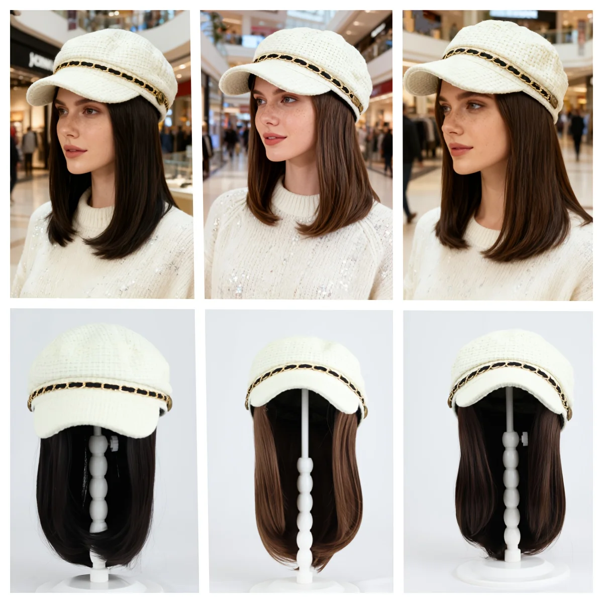 قبعة الباروكات 14 بوصة قصيرة مستقيم الشعر المستعار مع تويد منقوشة-Newsboy كمان قبعة قبعة مع الشعر الاصطناعية المرفقة الخريف الشتاء Cl