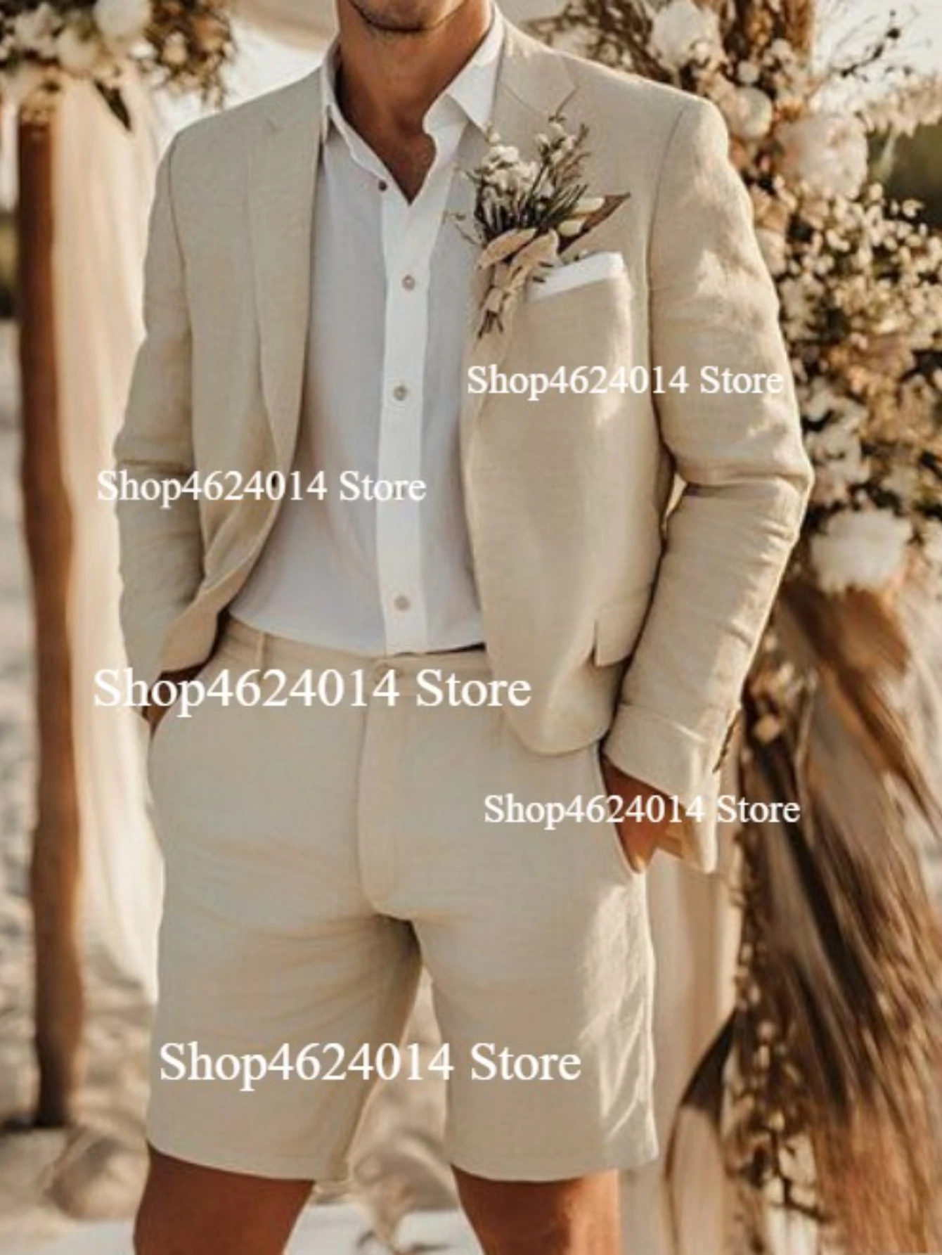 

Beige Linen Summer Men Suits Notch Lapel Slim Fit Two Buttons Blazer Pants Groom Tuxedos Wedding Prom 2 Piece Sets