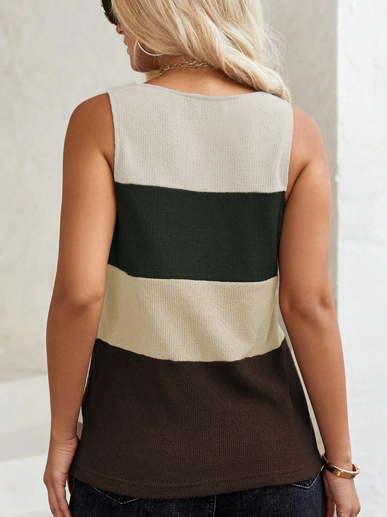 Knitted Tank Top Color Block Sleeveless Casual Knitted Top Women\'s Clothing