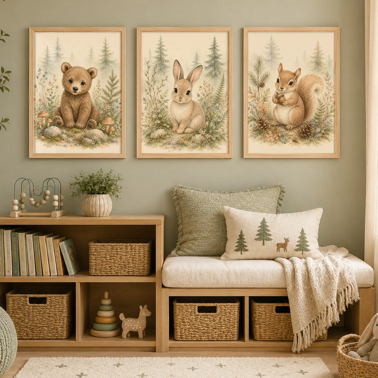 Woodland Animal Cute Pastel Wall Art Nursery Canvas Painting Whimsical Aesthetic Poster Print for Woodland Nursery Decor