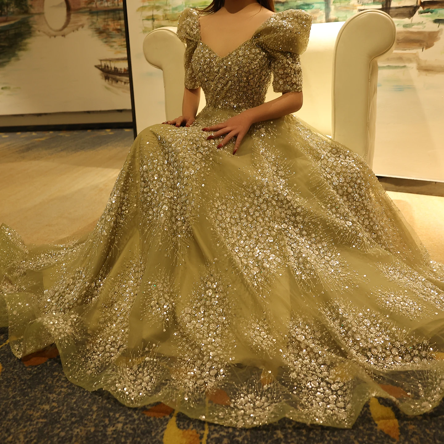 Sharon Said Glitzerndes Limonengrünes Luxus-Abendkleid aus Dubai für Arabische Hochzeiten, Verlobungen und Formelle Anlässe, Modell SS155, Maßanfertigung – Detail 5