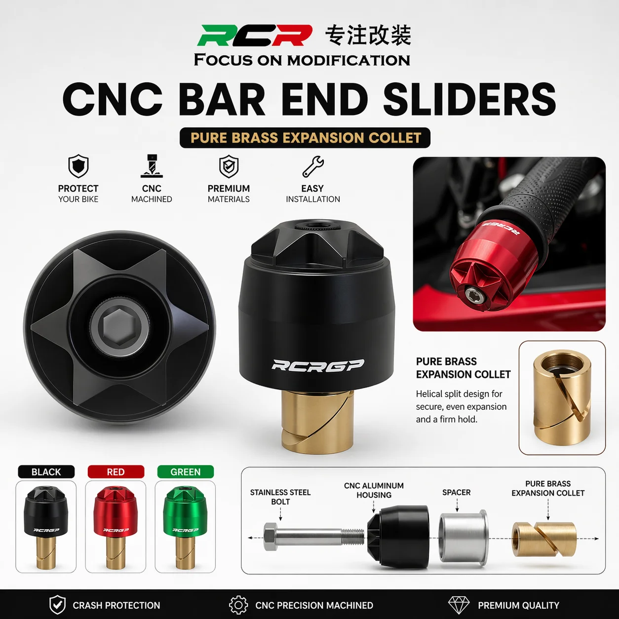 

1Pair 17mm Motorcycle Handlebar End Universal high quality brass alloy Handle Bar Grips Cap Gear Balanced Plug Slider Counterwe