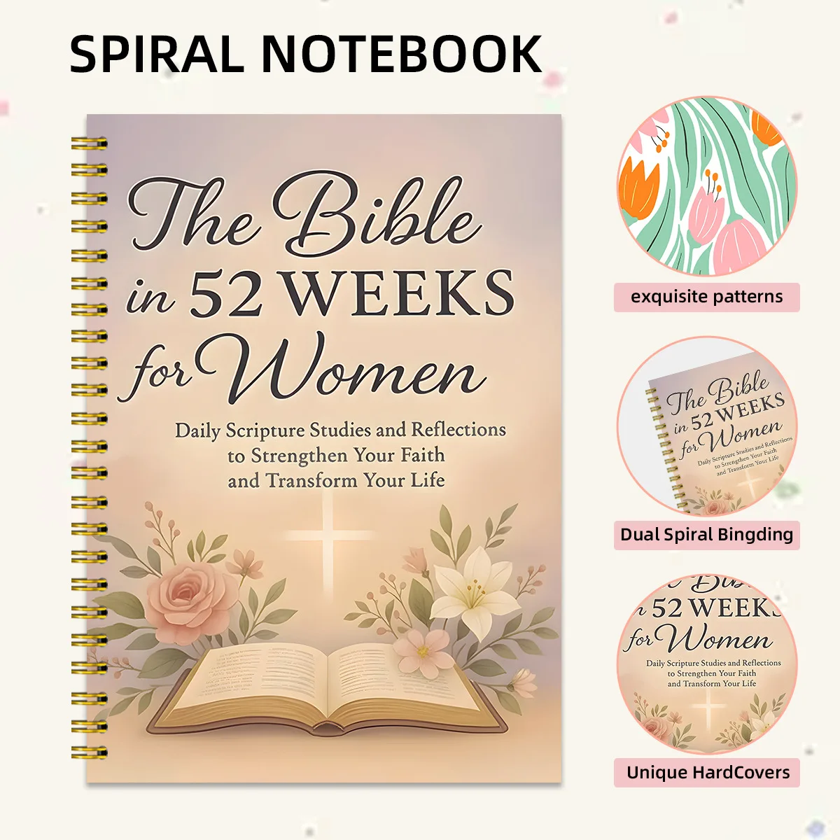 

1pcs Women's 52 Week Daily Reflection Spiral Notebook, Floral Hardcover Devotional Journal, Inspirational Scripture Study Planner for Spiritual Growth & Personal Transformation