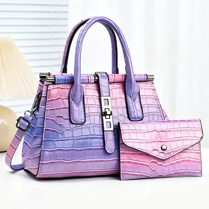 

2-Piece Women's Bag Set, Luxury Crocodile Pattern PU Leather Ladies Handbag, Unique Gradient Color Large-Capacity Tote Bag
