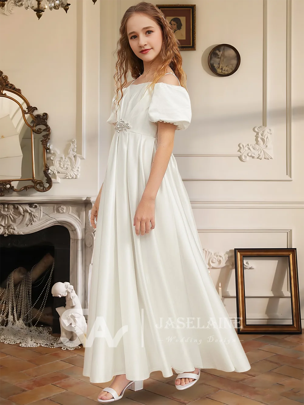 Ball Gown Princess Cold Shoulder Floor Length Satin Junior Bridesmaid Dress Flower Girl Dress Rhinestone Party Wedding Formal