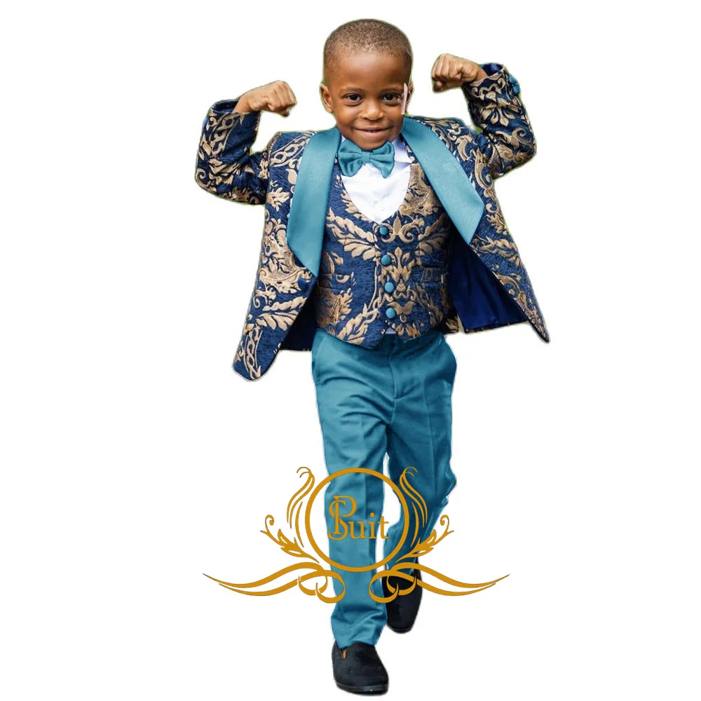 Gold Floral Boy Suit Jacket Pants Vest Bow Tie 4-piece Set Wedding Tuxedo for Kids Formal Boys Blazer