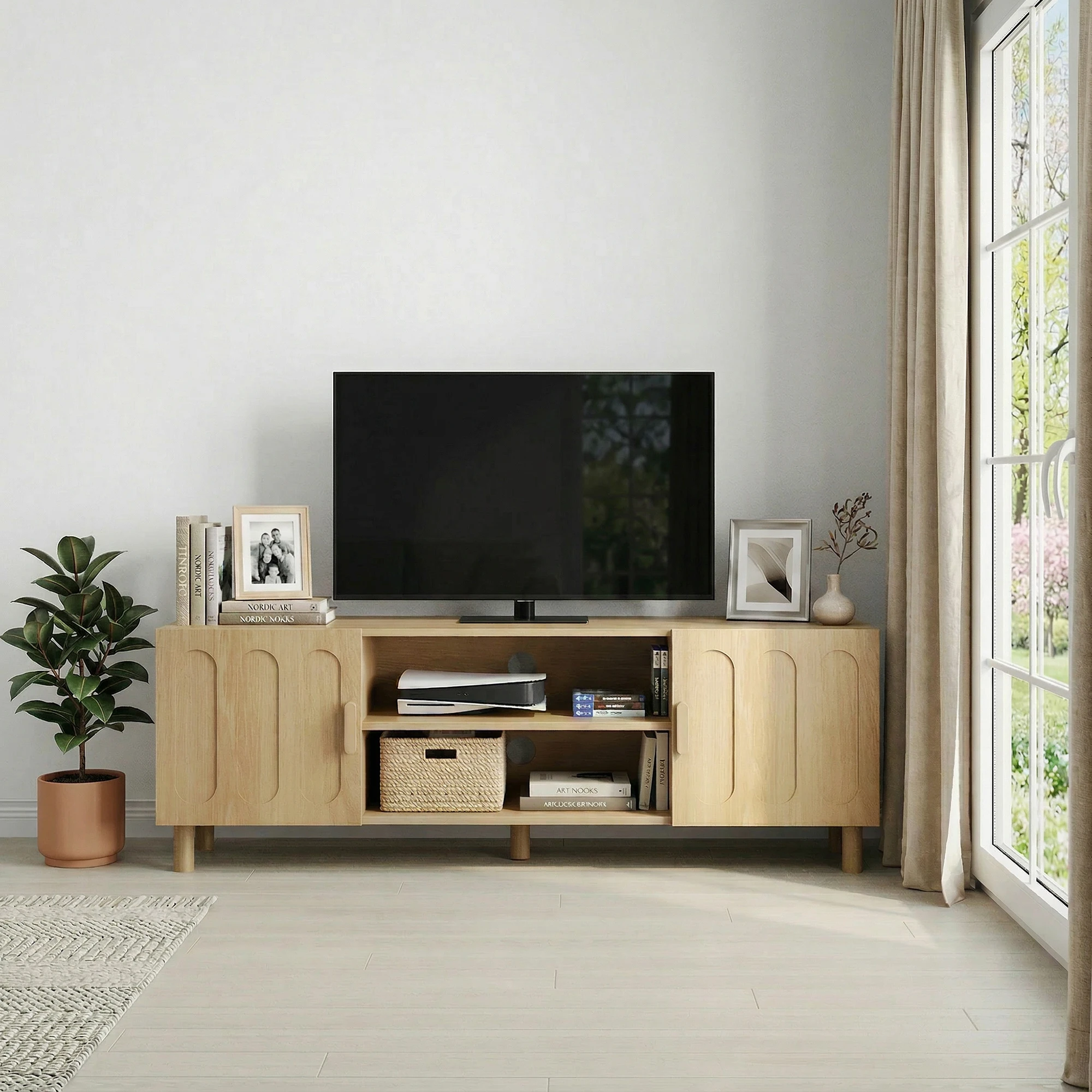 Mobile TV Mid-Century, Credenza Multifunzionale e Armadietto Contenitore con Spazio Aperto e Design a Doppia Anta, Arredamento per Soggiorno, Camera da Letto, Ufficio Domestico e Altri Spazi Domestici