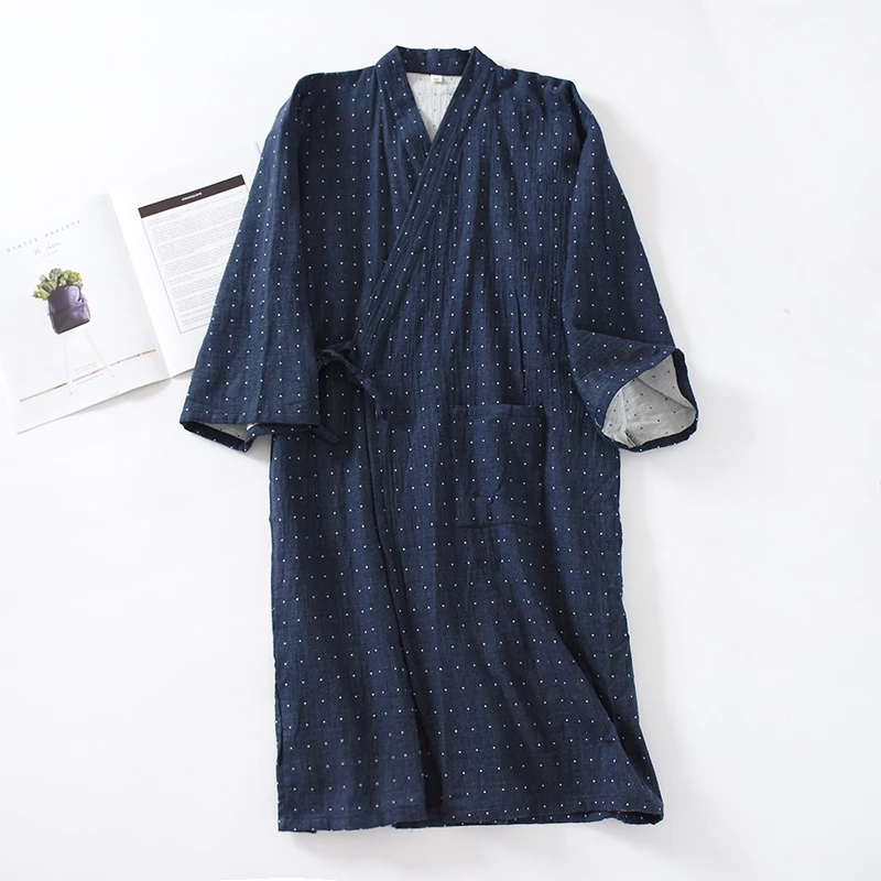 Men Kimono Pajamas Robe Cotton Gauze Nightgown Bathrobe Long One Piece Tracksuit