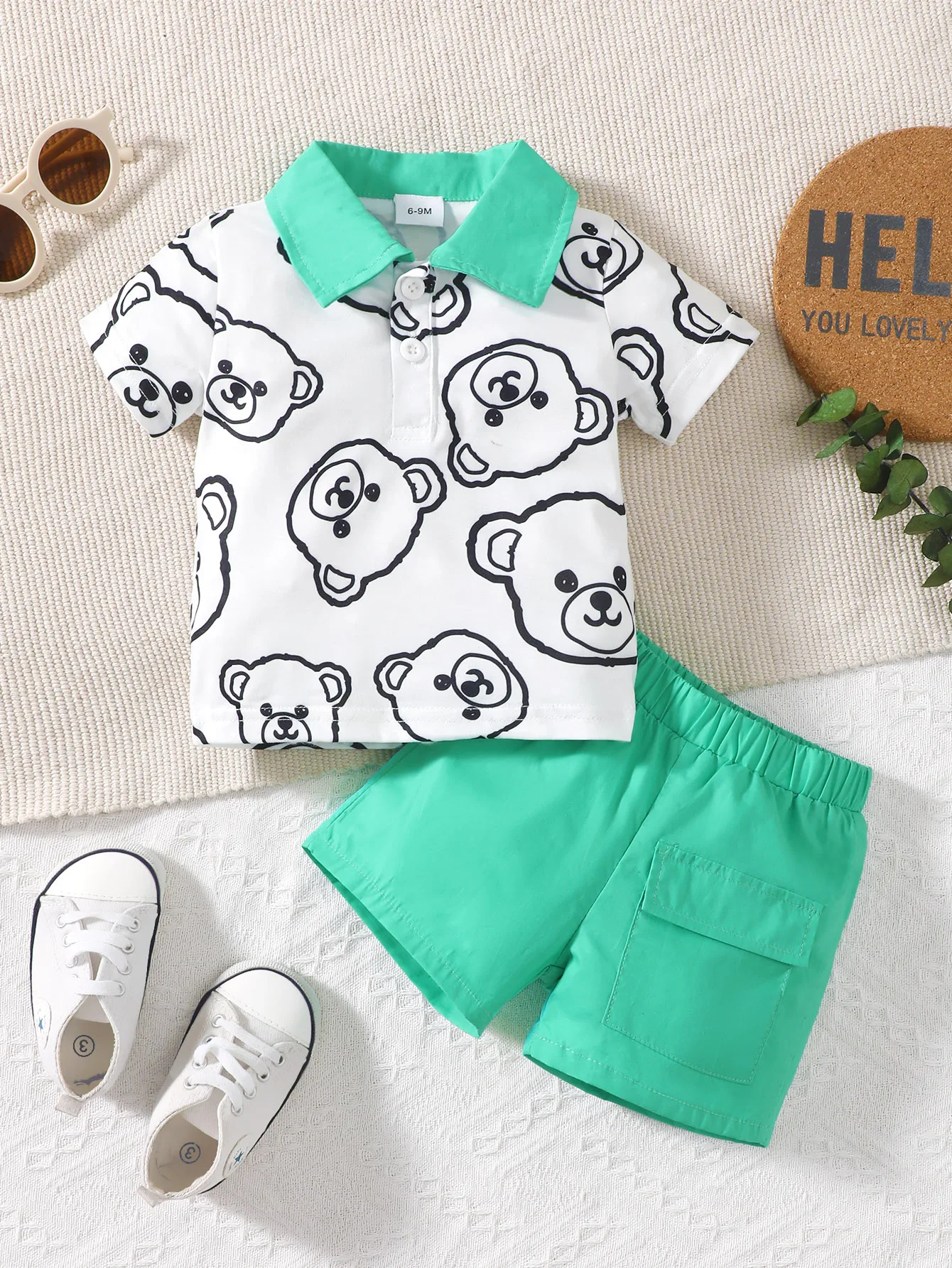 Baby Boys Summer Short Sleeve Bear Print Contrast Collar Polo and Flap Pocket Shorts Set