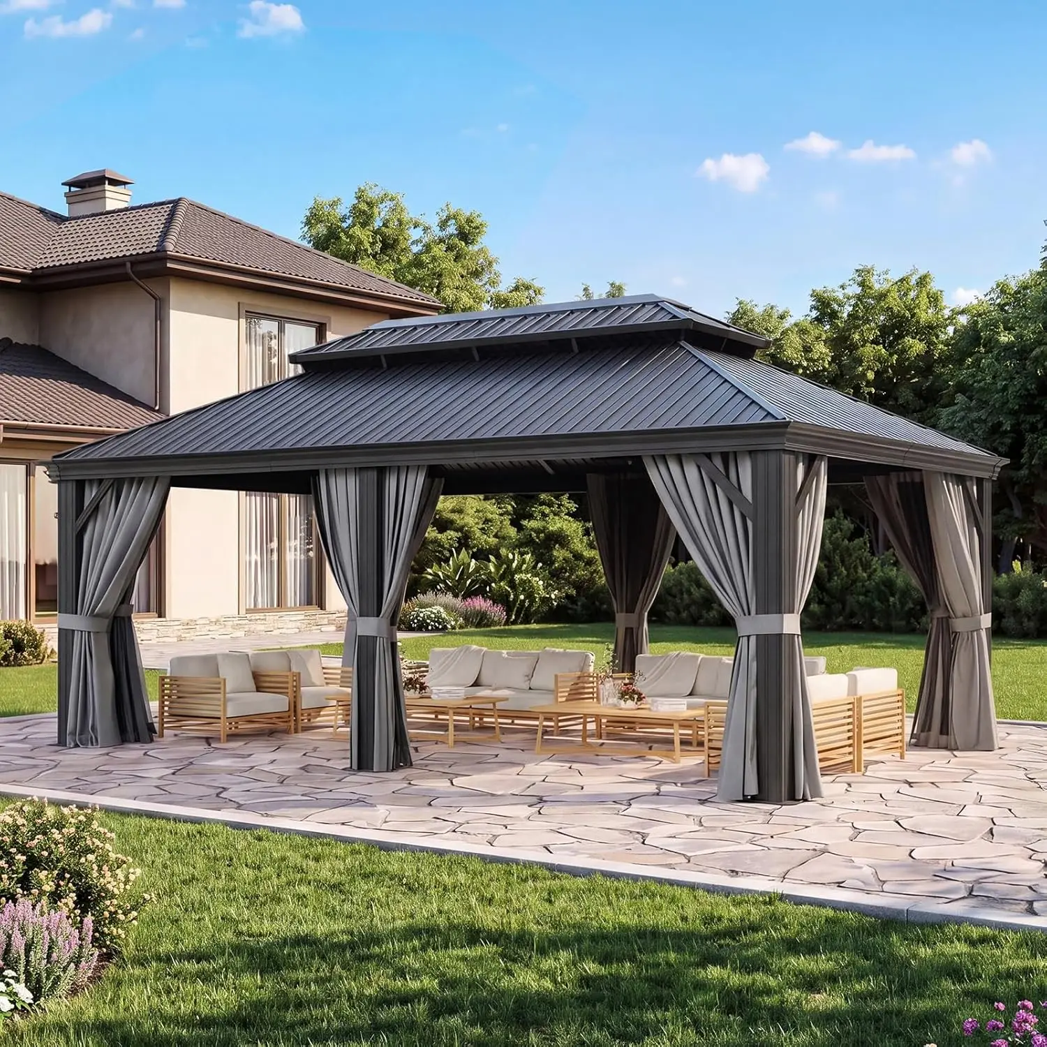 Aoxun 12x20ft Hardtop Pavilion Aluminum Outdoor Pavilion With Drainage System Permanent Metal Pavilion With Privacy Curtains And Nets For Poolside And Backyard Use
