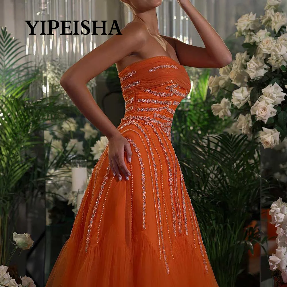 Customized Gorgeous Tulle Evening Gown Strapless Pleated Backless Crystal A-Line Party Dress For Women's Fashion Floor Length Pr