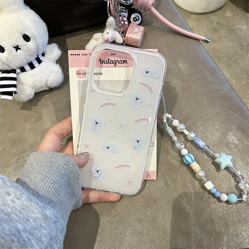 

Cute Koala bow polka dot phone case for iPhone 16Pro 15promax 14 13Pro Korea with chain Kawaii acrylic shockproof cover For 15