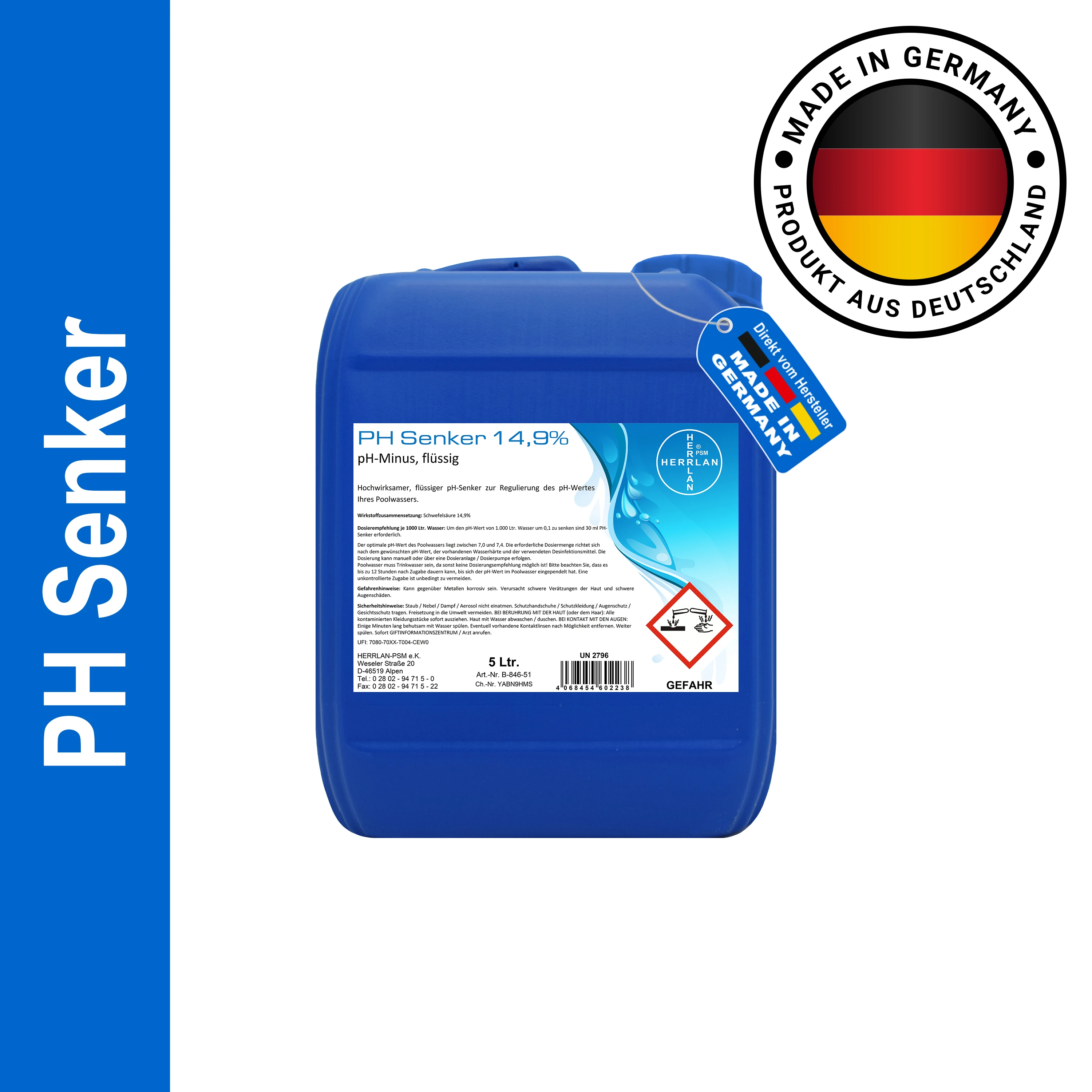 HERRLAN ® PH Sinker 14,9% - Vloeibare pH-verlagende oplossing voor zwembaden - Professionele pH-regulatie voor chloor & zoutwater