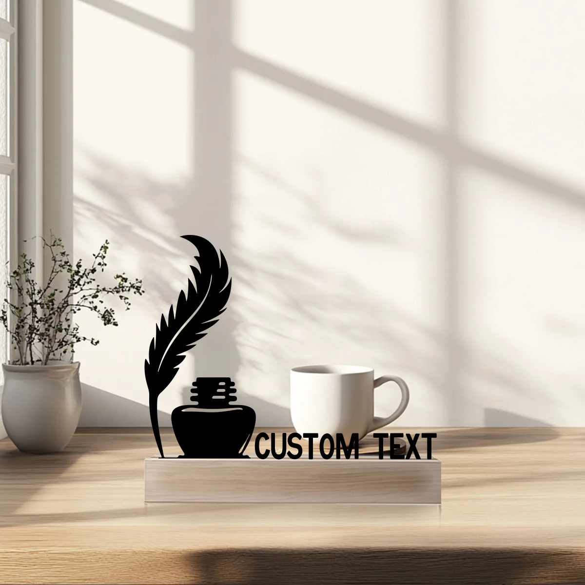 Custom Metal Desk Name Plate Feather Quill Ink Bottle Design Personalized Office Decor, for Holidays/Party/Birthday/New Job Gift
