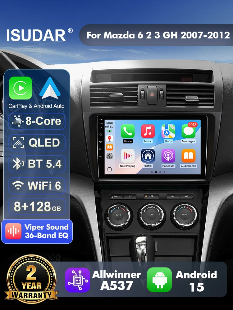 ISUDAR T57 Android 15 Radio For Mazda 6 GH 2007-2016 Multimedia Player CarPlay Android Auto Head Unit Camera DSP Stereo 8 core
