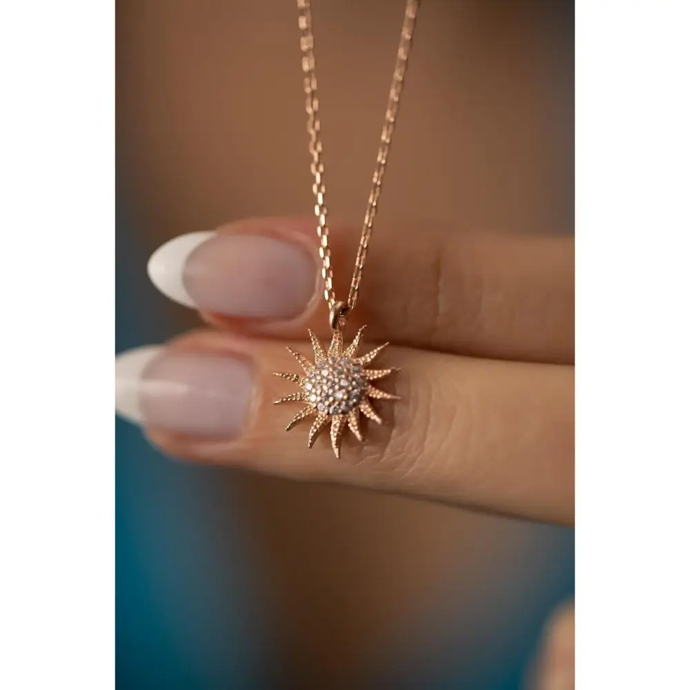 Sun Pattern Rose Plated Italyan Necklace, Gift for Women Jewelry, Made in Turkey, Vintage, fashion Trendy Dropshipping Accessory