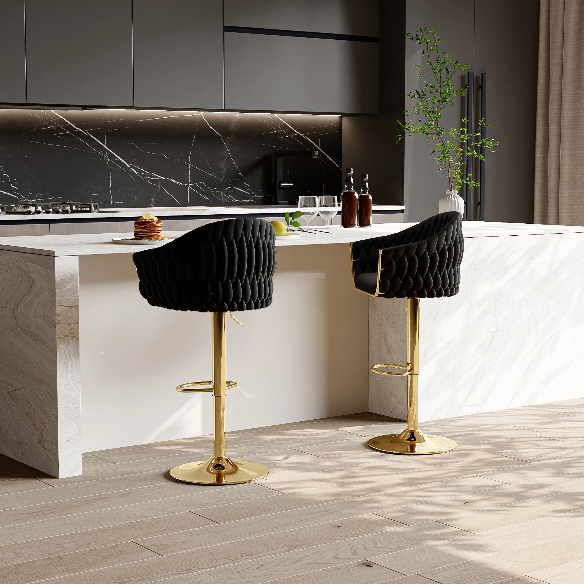 Taburete de Bar pequeño con respaldo, taburete de Bar ajustable en altura de 2 piezas, de terciopelo y Metal, Juego de 2 piezas