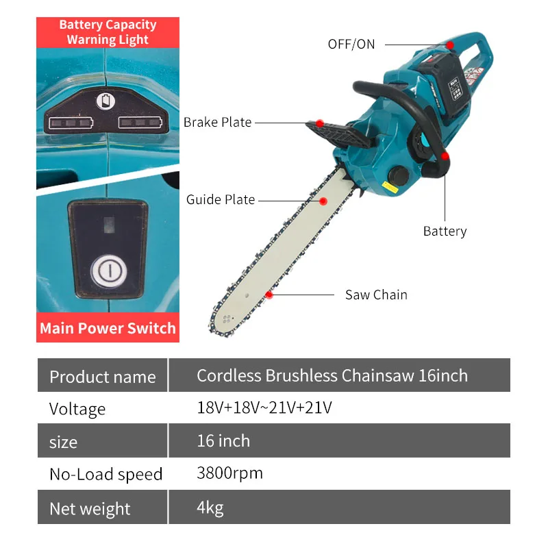 ATO Cordless Chain Lithium Battery Woodworking Brushless Chainsaw 16inch Electric Garden Tools For Makita 18V Battery