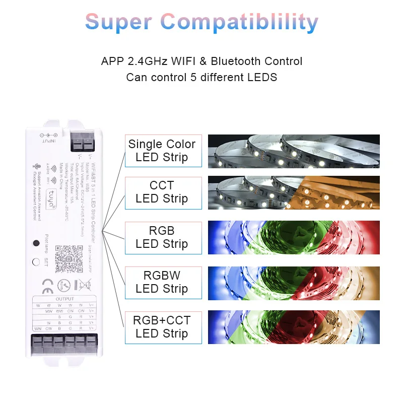 Wifi 5 em 1 controlador led tuya alexa google casa controle de voz rgb rgbw cct led strip dimmer dente azul app rf remoto 12v 24v