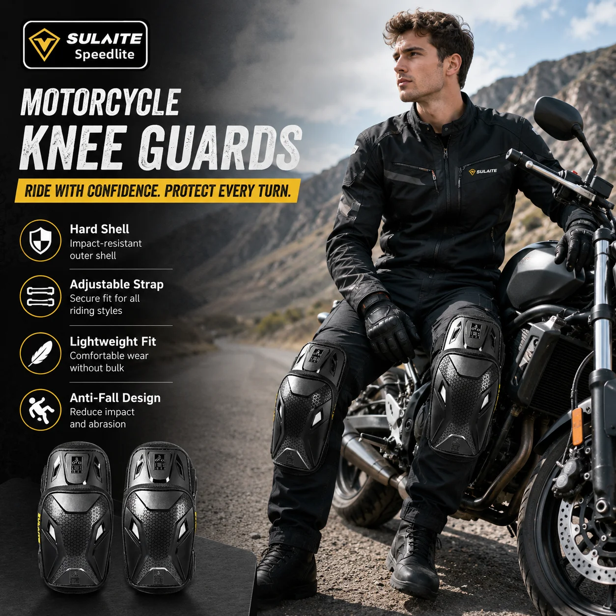 SULAITE Motorcycle Knee Guards Hard Shell Knee Pads Adjustable Strap Lightweight Anti-Fall Motocross Dirt Bike Outdoor Gear Pair