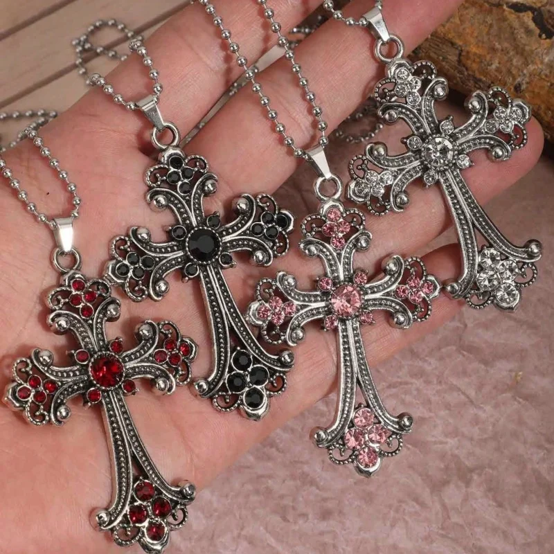 4Pcs Gothic rhinestone cross pendant necklace set, red and black pink transparent rhinestone cross necklace jewelry