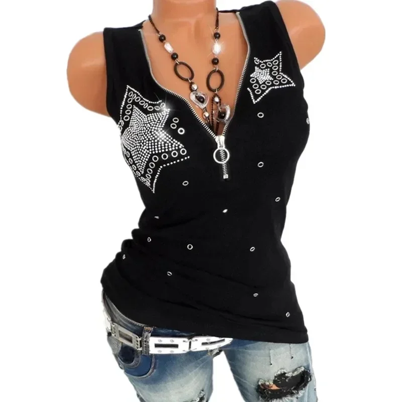 Sexy Harajuku Tshirt Blusas T Shirt Women Sleeveless Casual Y2K Top Tee Fashion Black Red Summer T-Shirt Woman Clothes V-Neck — zdjęcie 2