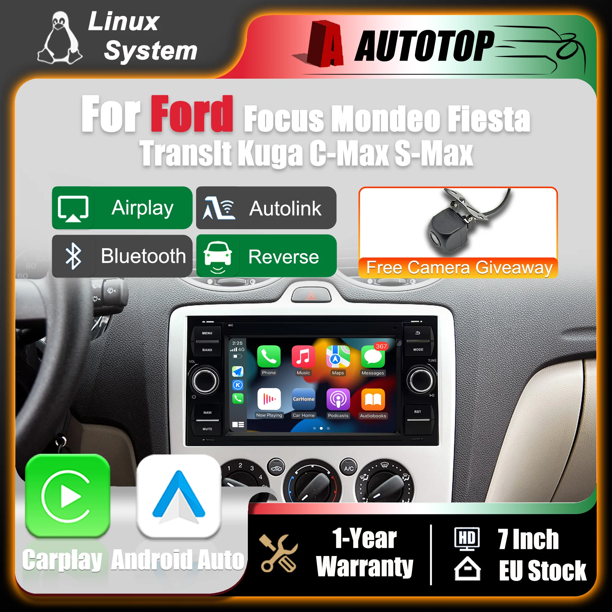 Schermo multimediale da 7 pollici con sistema Linux, CarPlay wireless e Android Auto per Ford Focus, Mondeo, Fiesta, Transit, Kuga, C-Max, S-Max, autoradio con Bluetooth, GPS, navigazione, DSP,