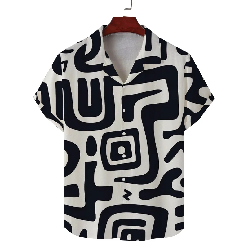 Men's summer Cuban collar short-sleeved shirt with special symbol line print men's shirt comfortable, breathable and versatile