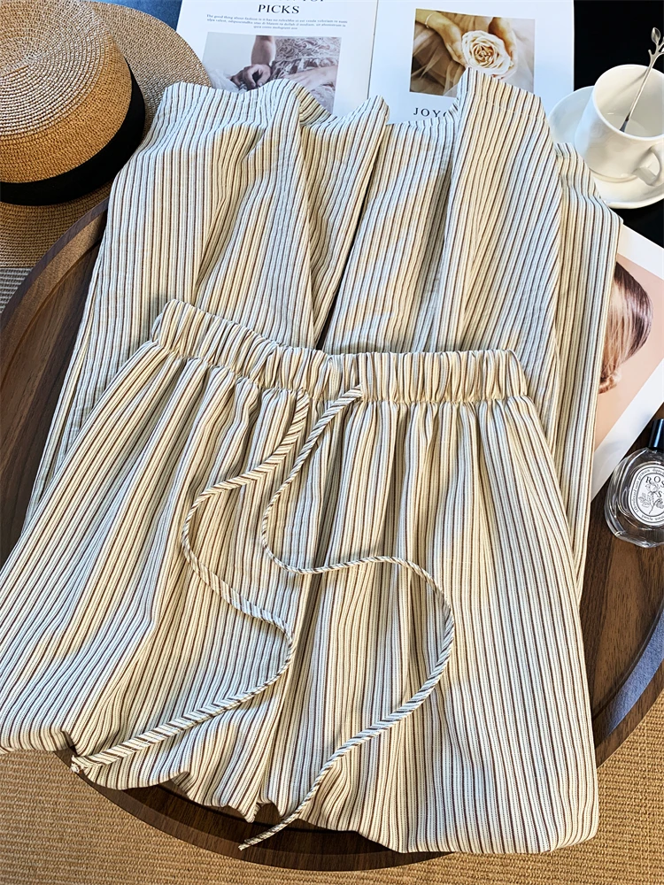 Dames groen gestreept katoen met veters, elastische taille, wijde pijpen, broek 2025, zomer, nieuwe dagelijkse hoge taille, losse casual broek
