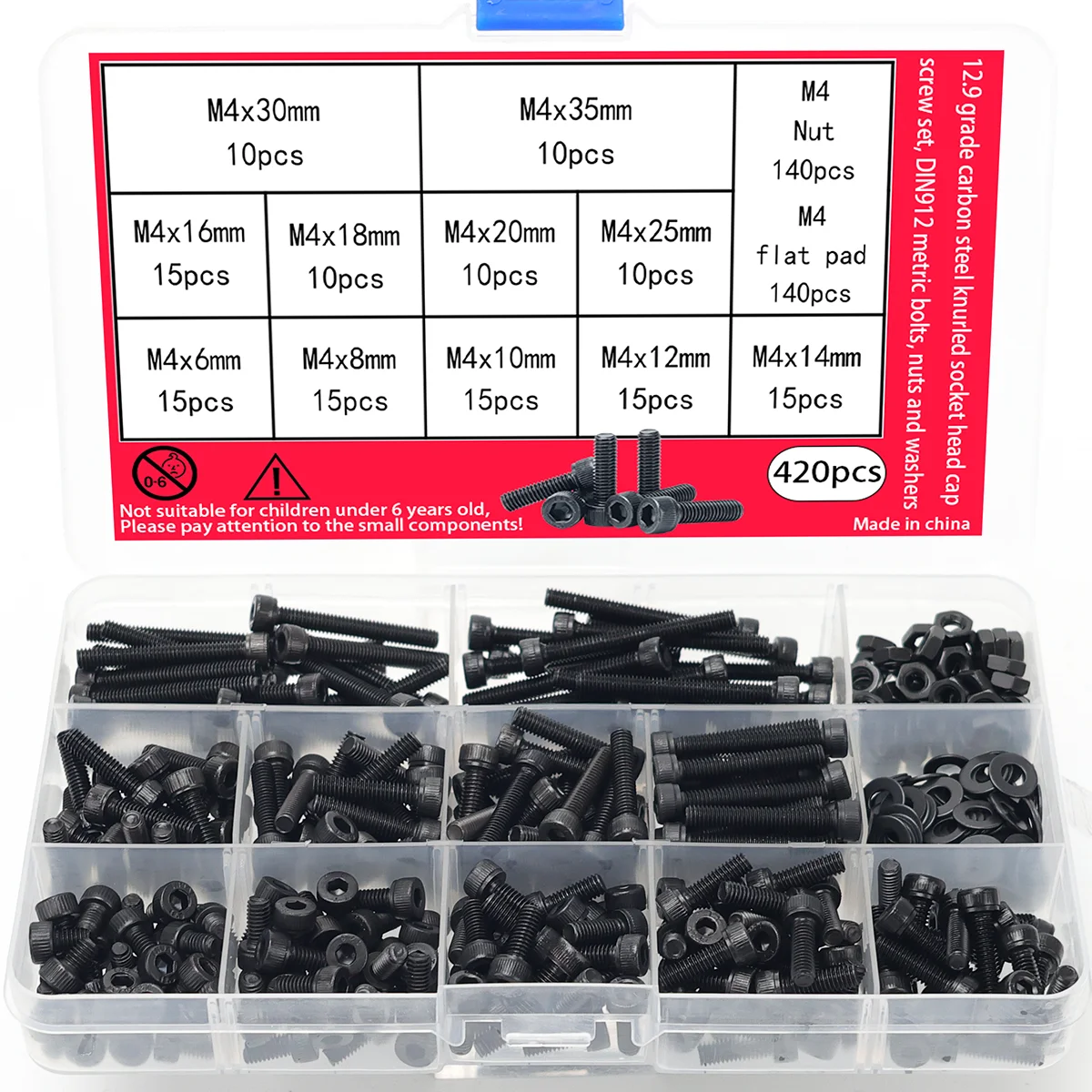 420pcs/M4 12.9 Grade Carbon Steel Internal Hex Socket Head Cap Screw, Nut, and Washer Set, DIN912 Metric Black Bolt Fasteners.