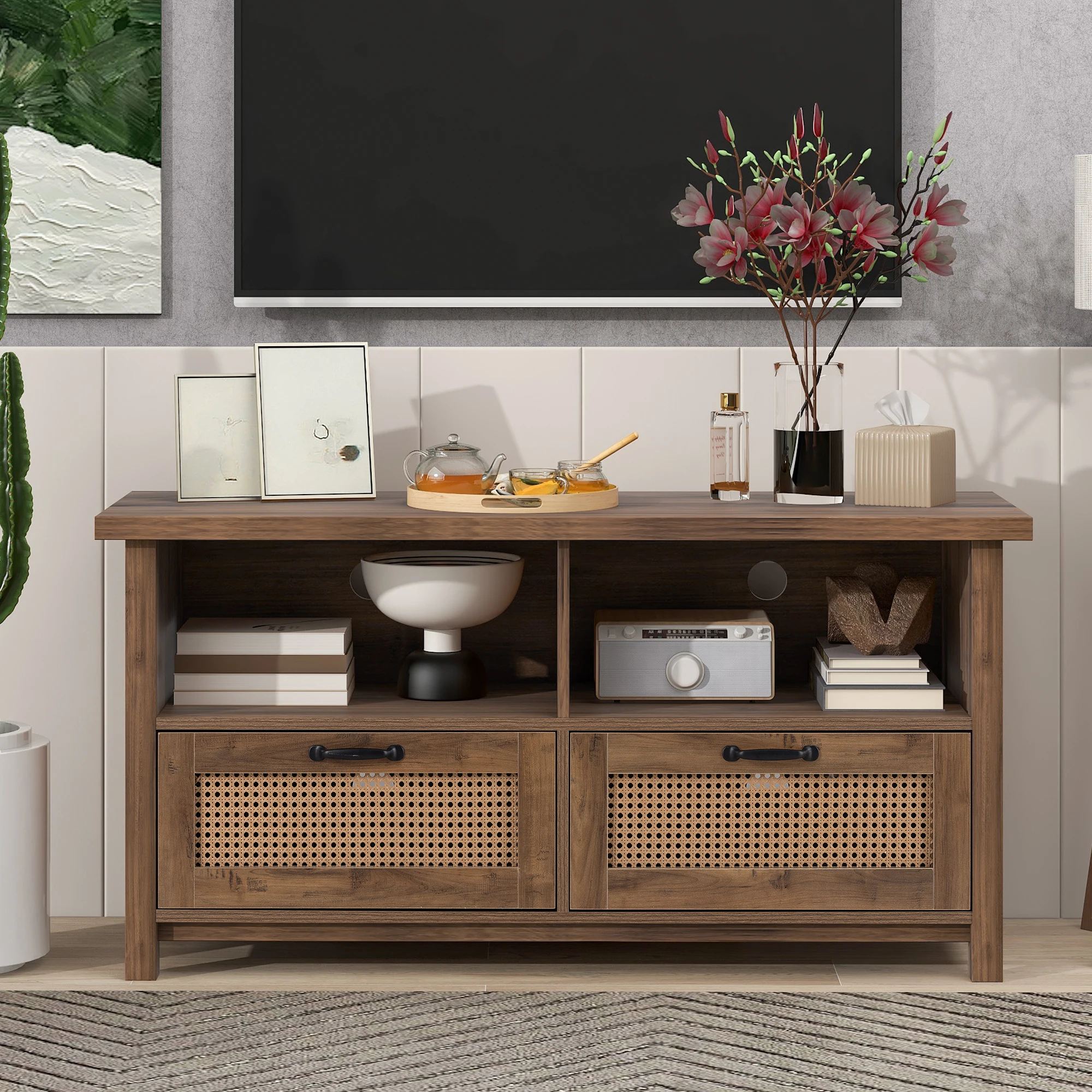 TV Stand,Two Doors of TV Cabinet with a Maximum Size of 55 inches, Rattan Cabinet Door, Slide Rail Design, Modern TV Cabinet