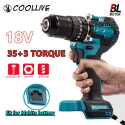 Electric Hammer Impact Drill Brushless 35+3 Torque Cordless 13mm  Rechargeable For Makita 18V Battery Power Tools