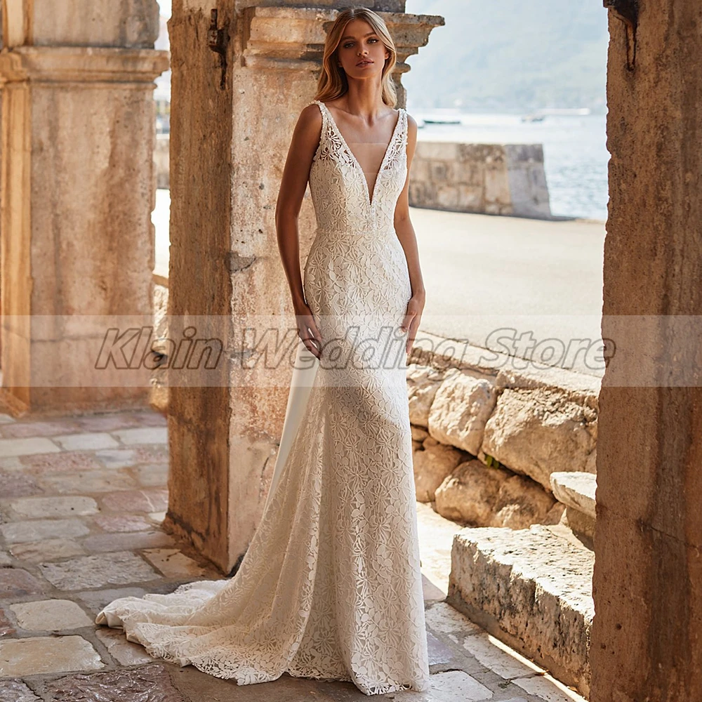 Exquisite V-Ausschnitt Meerjungfrau Spitze Brautkleid mit Court Train Damen ärmellose Brautkleider Reiß verschluss zurück vestido de novia