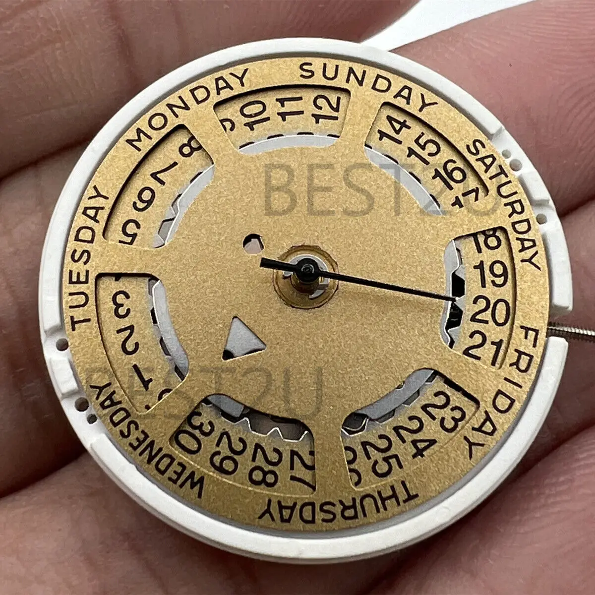 Mouvement à quartz ISA 1198 pour horlogers, date et jour, cadran doré de remplacement