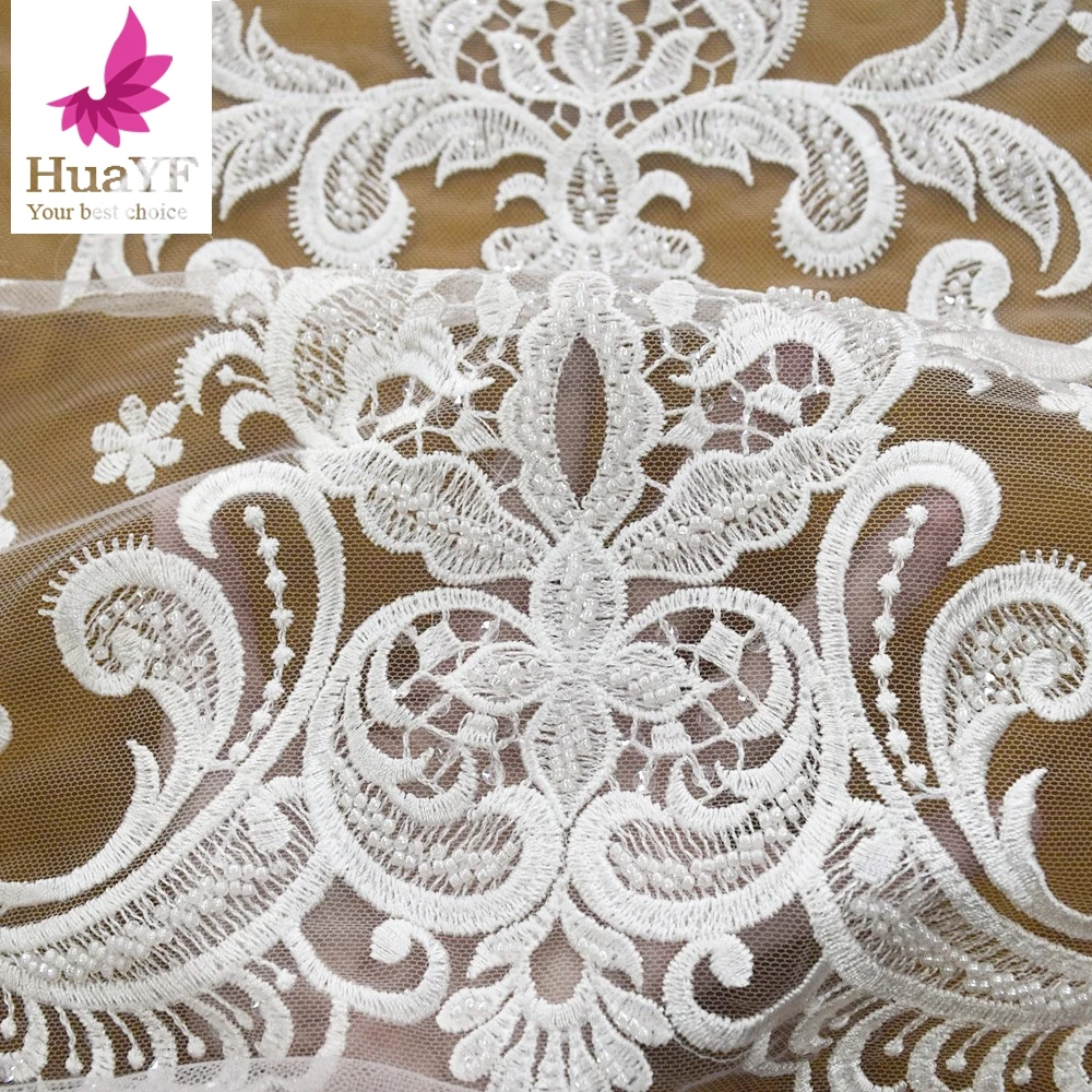 Exclusive HandWork White Embroidery Tulle Lace Net Pearls Fabric For Wedding Dress HY1589-1