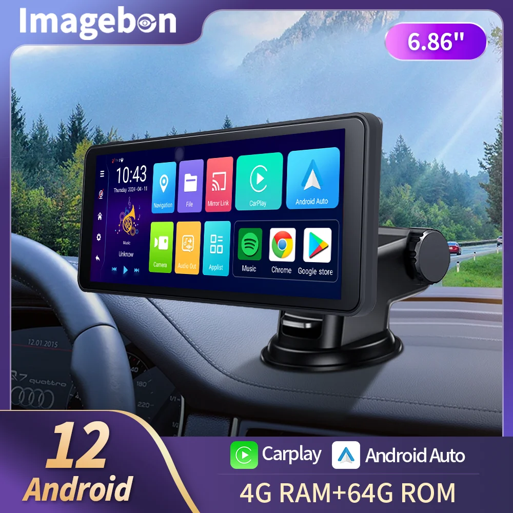 

Автомобильный видеорегистратор Imagebon, 6,86 дюйма, Android 12, беспроводной Автомобильный видеорегистратор CarPlay и Android с BT, телефонным звонком, GPS-навигацией заднего вида